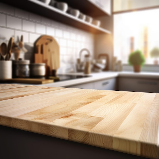 Leeg houten tafelblad met vage keukenachtergrond en exemplaarruimte