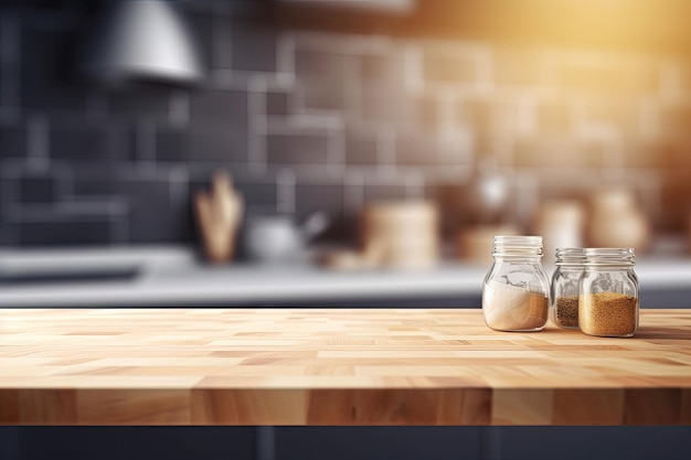 Leeg houten tafelblad met vage keukenachtergrond Generatieve AI