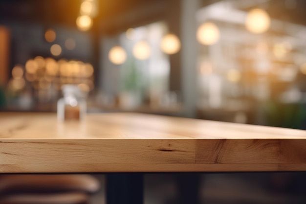 Leeg houten tafelblad met wazig interieur achtergrond natuurlijk hout gemaakt met generatieve AI