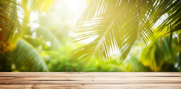 Leeg houten tafelblad op de voorgrond op de achtergrond prachtig vervaagd in de bokeh van een palm