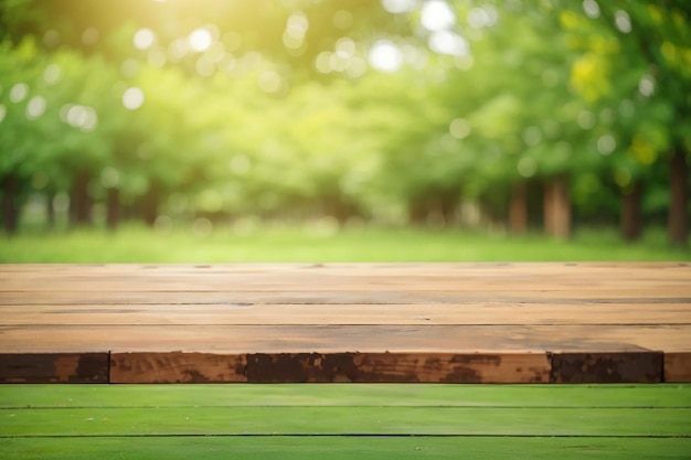 Leeg houten tafelblad op natuurgroen wazig