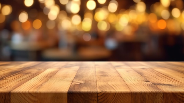 Leeg houten tafelblad op vervagen bakkerij winkel of café-restaurant met abstracte bokeh achtergrond Generatieve Ai