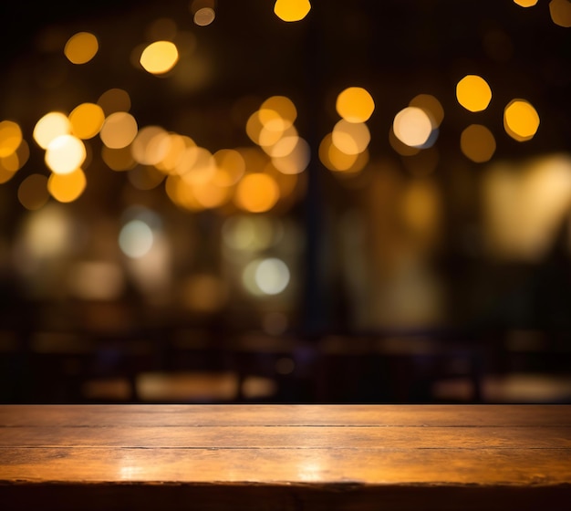 Leeg houten tafelblad op vervagen licht goud bokeh van café-restaurant