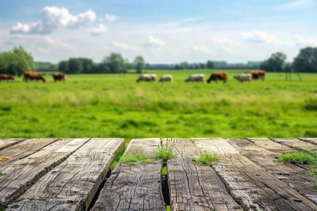 Leeg houten tafelplaat met grasveld en koeien op de achtergrond