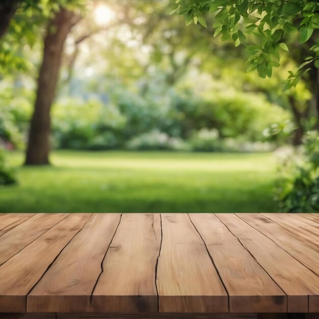 Leeg houten tafelplaat op een wazig vers groen abstract van tuin achtergronden