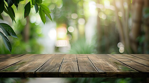 Leeg houten tafelplaat op vage abstracte groen van tuin en huis achtergrond Voor mon Generative AI