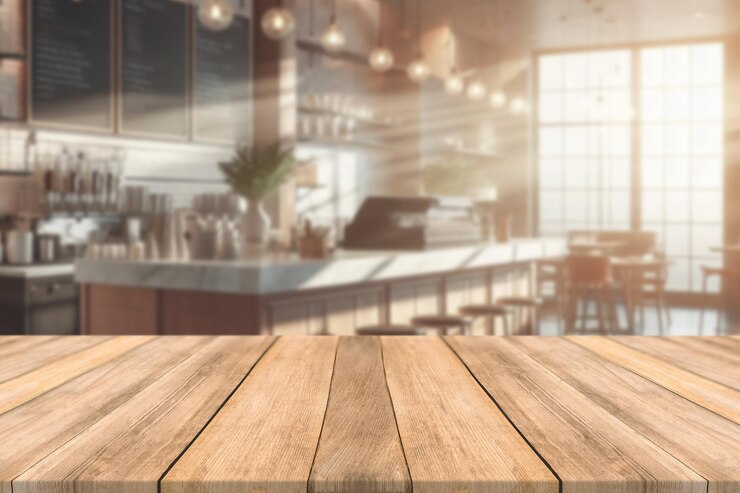 Foto leeg houten tafelruimteplatform en wazige achtergrond van restaurant of koffieshop