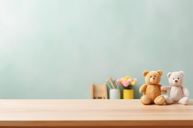 Leeg houten tafeltop en wazig kinderkamer interieur op de achtergrond