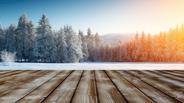 Leeg houten tafeltop met een wazige achtergrond van sneeuw en bomen winterseizoen Template mockup