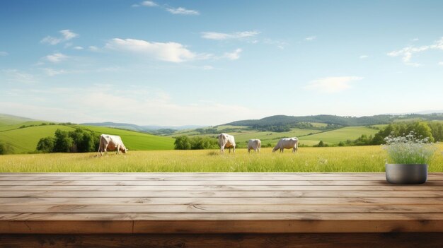 Foto leeg houten tafeltop met grasveld en koeien op de achtergrond dier