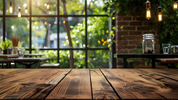 Leeg houten tafeltop met lichten bokeh op wazige restaurant achtergrond
