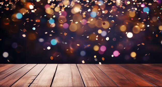 Foto leeg houten tafeltop met vage confetti voor feest en vieren achtergrond nieuwjaar en verjaardag