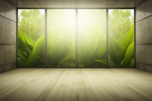 Leeg houten vloer en groene plant in de kamer met zonlicht op de achtergrond