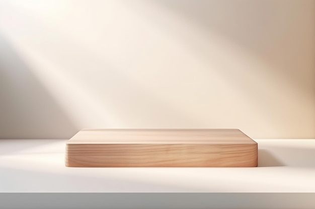 Leeg houten voetstuk op keukentafel voor witte bakstenen muur