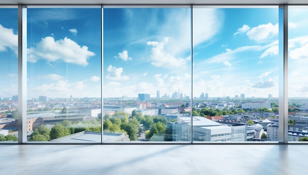 Leeg in modern interieur stad binnen stedelijke achtergrond hal architectuur kantoor skyline niemand bekijken zakelijke wolkenkrabber panoramisch raam vloer luxe stadsgezicht nieuw glas bouwen