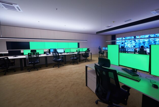 Leeg interieur van grote moderne controlekamer voor beveiligingssysteem met lege groene schermen, werkstation met meerdere beeldschermen, bewakingskamer met beveiligingsdatacenter Leeg kantoor, bureau en stoelen bij