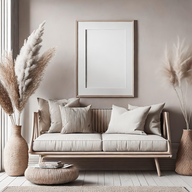 Foto leeg kader op een witte mantel in een woonkamer blanco mock-up