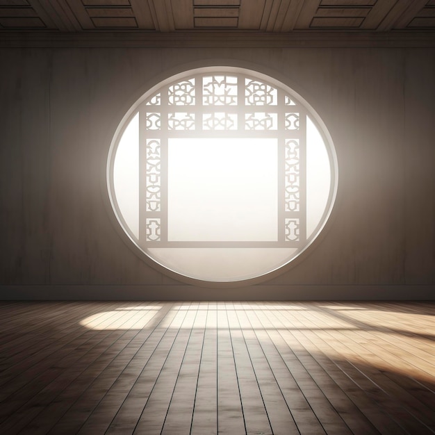 Leeg kamer houten vloer witte muur Chinese ronde venster achtergrondverlichting filmische textuur