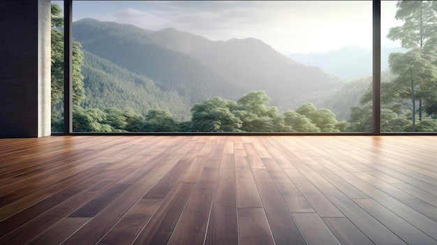 Leeg kamer met houten vloer en grote ramen met een panoramisch uitzicht op bergen en bossen