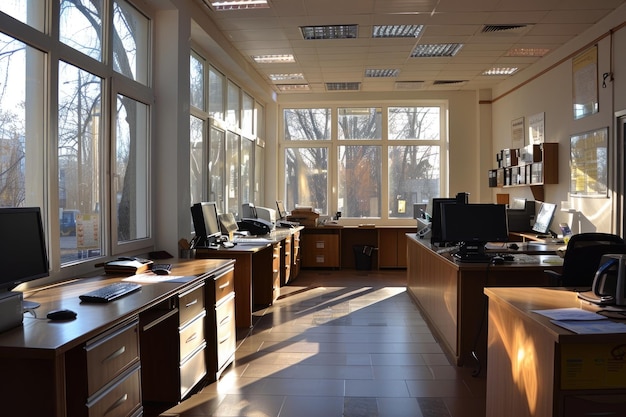 leeg kantoor met licht door grote ramen oude meubels en computers op tafels werkplek