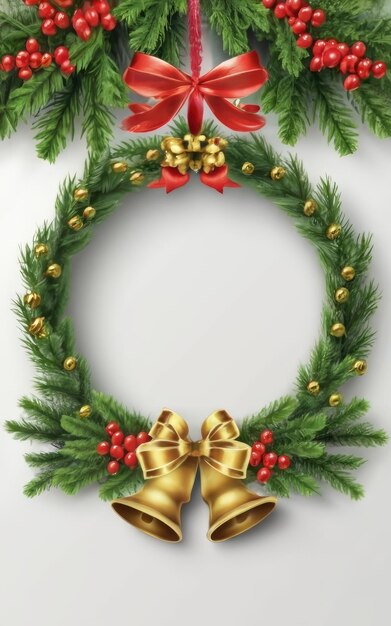 Leeg kerstframe jingle bell lint groene bloemen en bladeren frame witte achtergrond