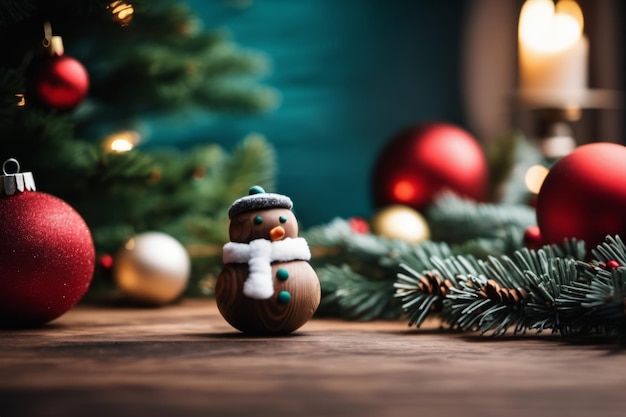 Foto leeg kersttafel achtergrond met kerstboom en sneeuwman onduidelijke kerst achtergrond