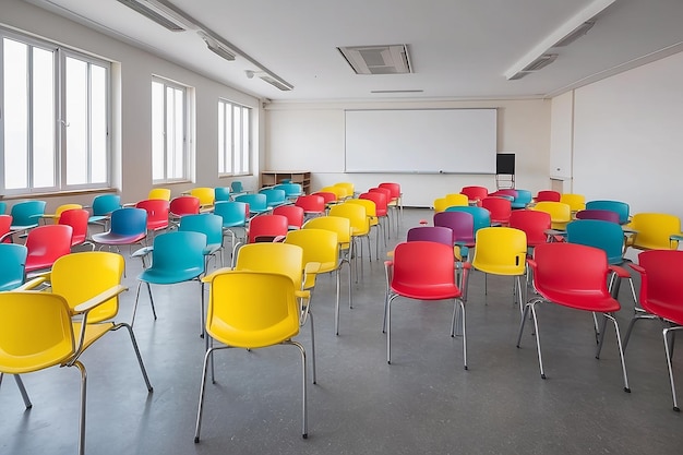 Leeg klaslokaal met veel lege kleurrijke fauteuils