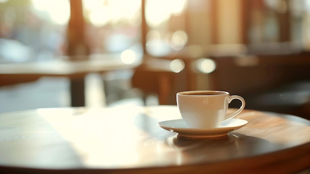 Leeg koffietafel over ontfocuste achtergrond van een koffieshop met kopieerruimte Generatieve AI