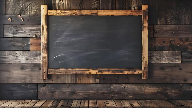 Foto leeg krijtbord op houten muur met een warme sfeer ai gegenereerd