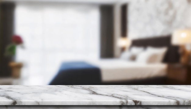 Leeg marmeren tafelblad met wazige achtergrond van de slaapkamer Voor montage van productdisplay