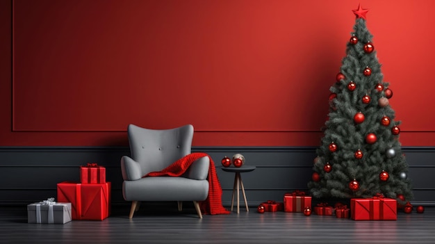 Leeg massieve gekleurde muur in een kerst versierde woonkamer kerstboom fauteuil en geschenk dozen AI gegenereerde illustratie