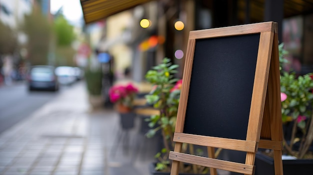 Foto leeg menu bord op cobblestone street met weelderige planten