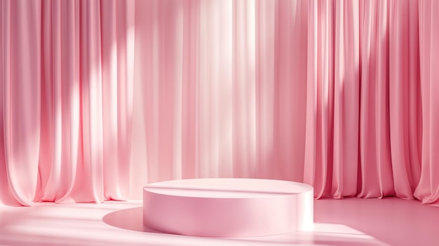 Leeg minimaal roze podium met gordijnen voor productvertoning
