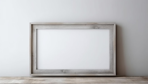 leeg minimalistisch grijs houten frame horizontaal omgedraaid met een witte mat op een witte achtergrond