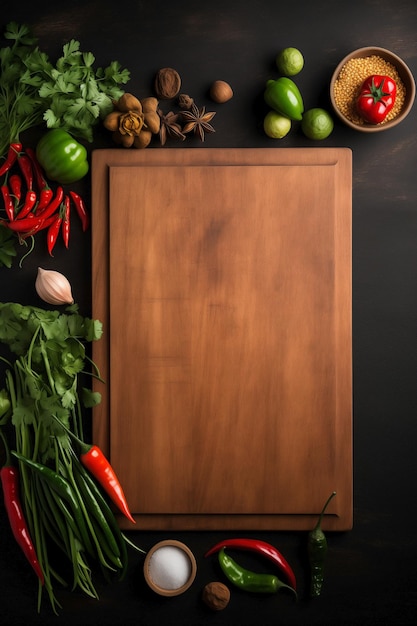 Leeg mockup rustieke houten snijplank met een begrensd ontwerp frame omringd door vers ingrediënt