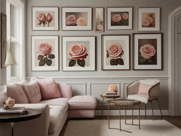 Leeg muurruimte met ingelijste afdrukken of schilderijen van gedetailleerde rozen Dit zorgt voor een klassieke en verfijnde sfeer