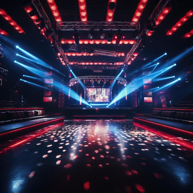Leeg nachtclub podium verlicht met rode en blauwe spotlights