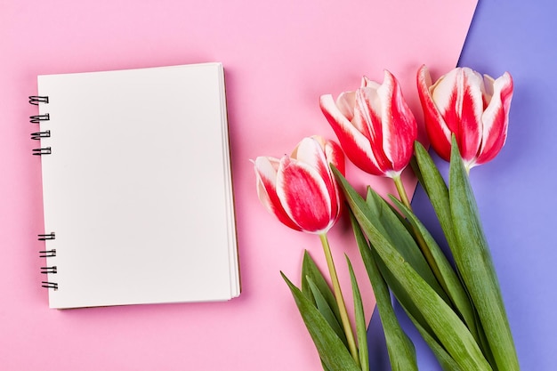 Leeg notitieboekje en rode bloemen Brief voor de geliefde