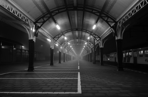 Foto leeg overdekte perron van het treinstation's nachts