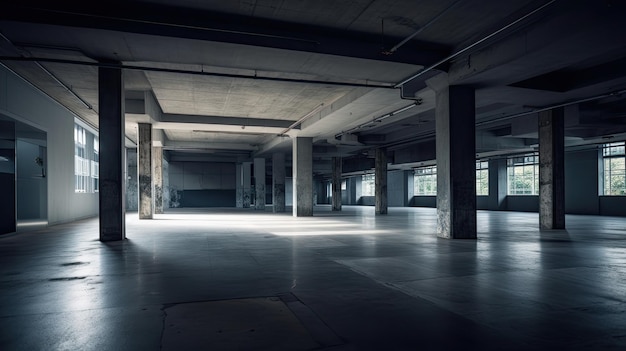 Leeg pakhuis met een licht op het plafond