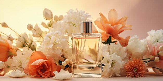 Leeg parfumflesmodel op lichte achtergrond met verschillende bloemen voor cosmetische branding