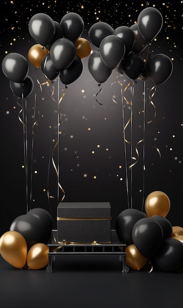 Leeg podium illustratie voor showcase producten met zwarte en gouden ballonnen