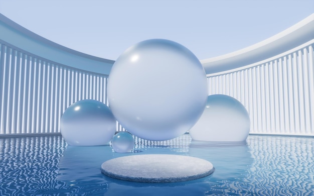 Leeg podium met glazen bollen achtergrond 3D-rendering