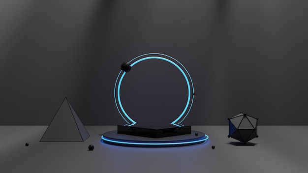 Leeg podium met lijngradiënt neon ring op achtergrond 3d render illustratie met abstracte scène met roze en blauw neon frame