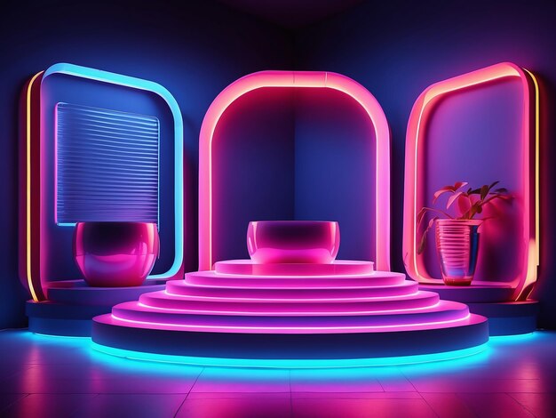 Foto leeg podium met neonverlichting voor productplacementreclame