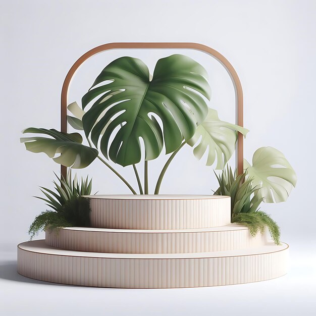 Leeg podium of voetstuk met monstera bladeren op witte achtergrond3D illustratie