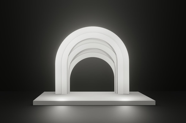 Leeg podium podium met witte glanzende boog op donkere achtergrond paradijs boog scène 3d render