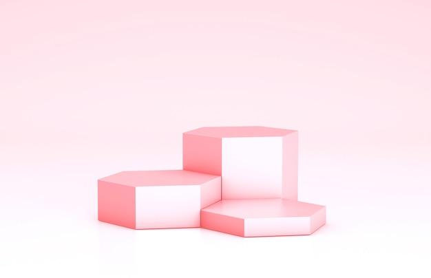 Leeg podium, productplanksjabloon. Roze honingraat, zeshoeken en achtergrond. 3D render.