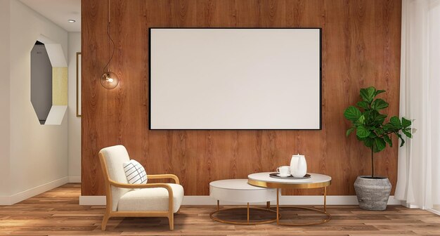 Leeg Poster Frame Mockup in moderne en minimale woonkamer interieur met sofa salontafel