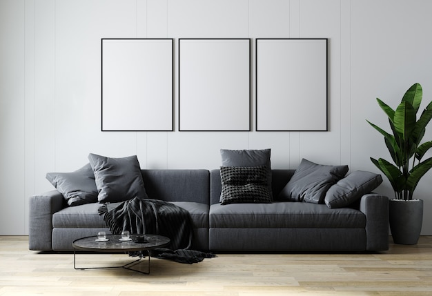 Leeg posterframe mock up in Scandinavische stijl woonkamer interieur, moderne woonkamer interieur achtergrond